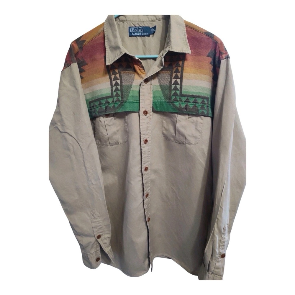 Vintage Polo Ralph Lauren Aztec Southwestern Western Shirt Mens L 90s Khaki